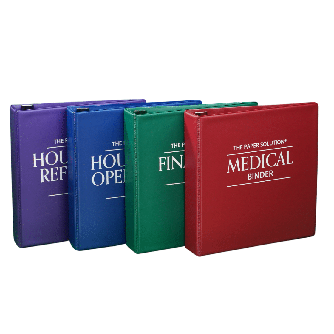 The Paper Solution® — four organized binders (Medical, Financial, Household Operations, Household Reference)